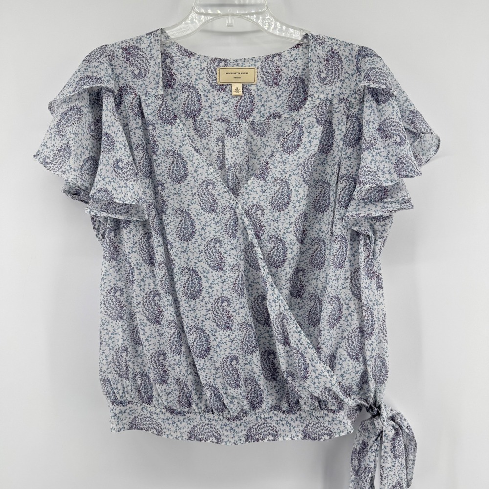 Moulinette Soeurs Blouse Womens 8 Blue Purple Paisley Silk Blend Flutter Sleeve